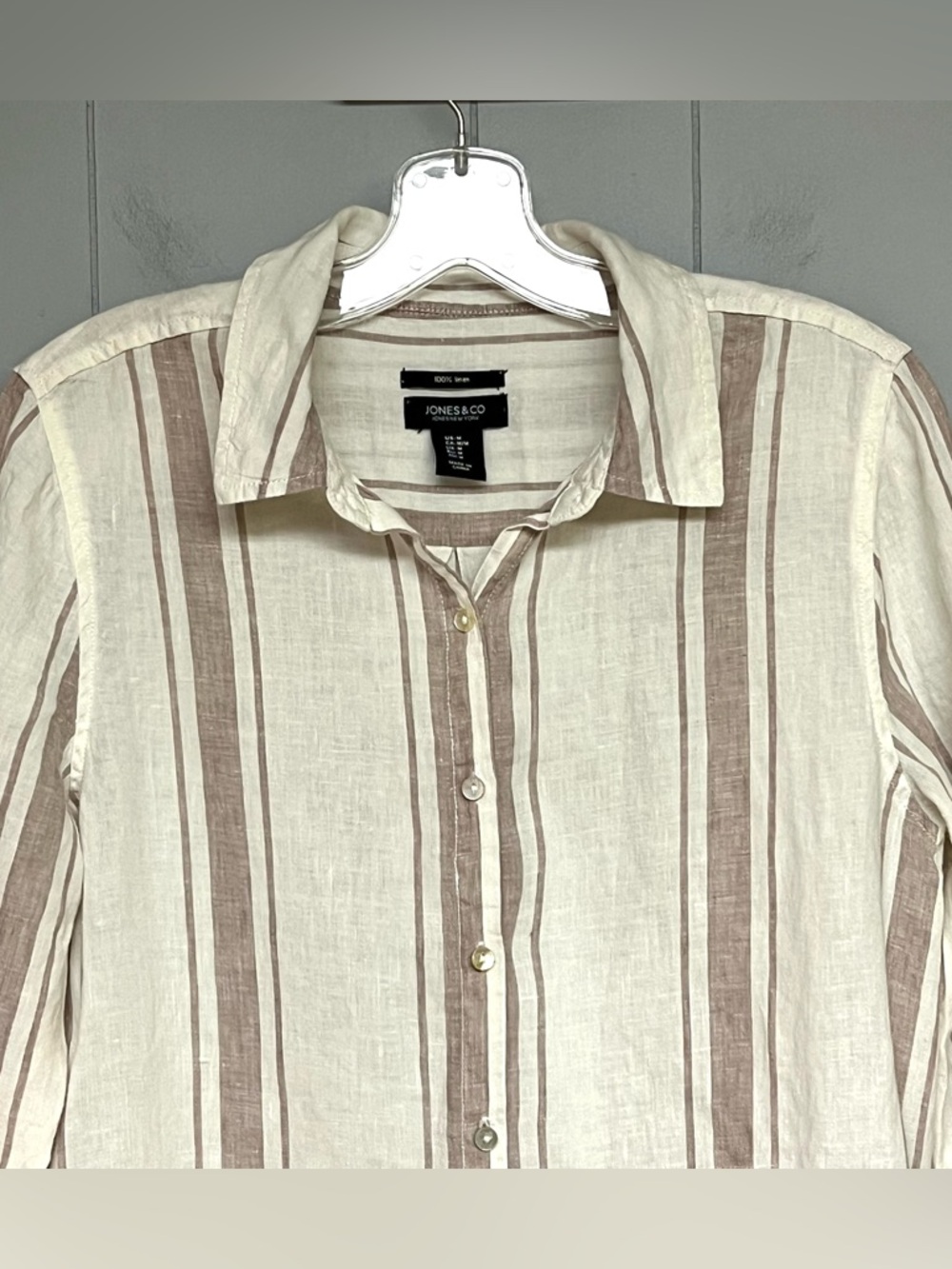 Jones & Co Linen Button Down Shirt Tunic Convertible Sleeve Stripe Medium